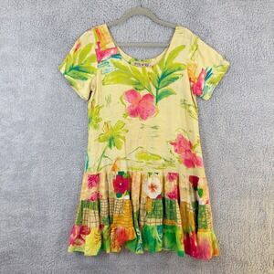 Jams World Hattie Dress Size M Yellow Lagoon‎ Floral Print Tiered Drop Waist